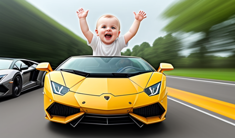 children's trusts baby driving a yellow Lamborghini down a highway